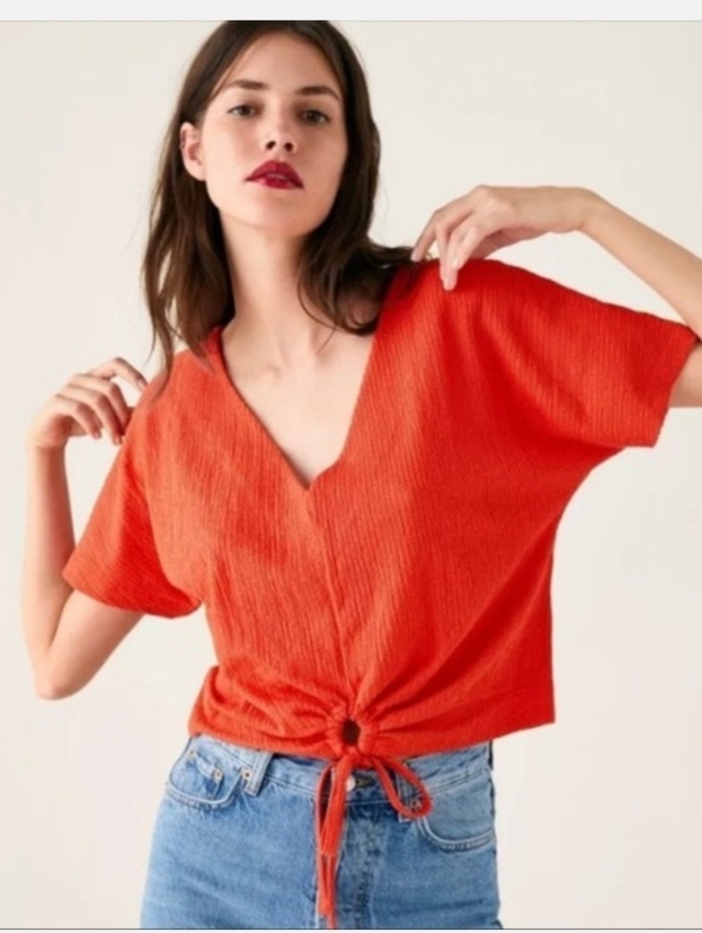 Zara Orange V-Neck Tie-Front Crop Top